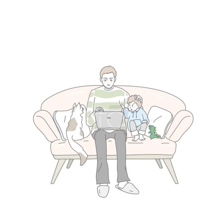 Ilustración de Padre e hijo mirando en una computadora portátil - Imagen libre de derechos