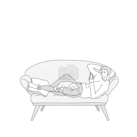 Téléchargez les illustrations : Une personne utilisant un smartphone tout en se relaxant sur un canapé - en licence libre de droit