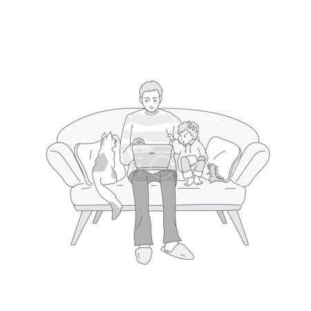 Ilustración de Padre e hijo mirando en una computadora portátil - Imagen libre de derechos