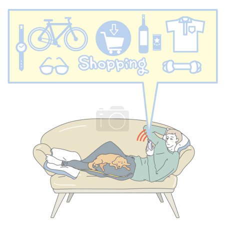 Téléchargez les illustrations : Une personne utilisant un smartphone tout en se relaxant sur un canapé - en licence libre de droit
