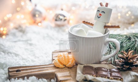 Photo for Christmas background with marshmallow snowman in a cup, copy space. - Royalty Free Image