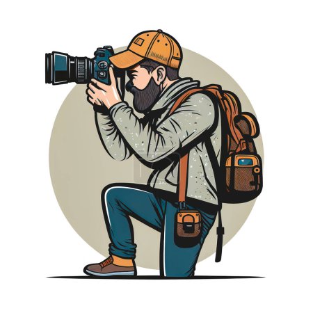 Téléchargez les photos : Un homme photographe coiffé d'une barbe prend une photo avec un appareil photo professionnel. - en image libre de droit