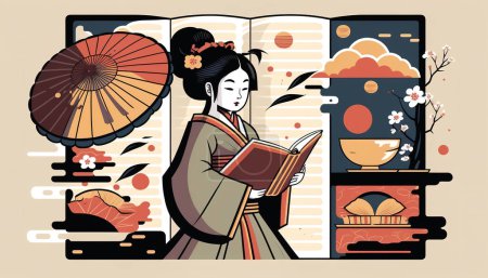 Téléchargez les photos : Illustration sur le thème de la culture traditionnelle japonaise, symboles et objets. - en image libre de droit