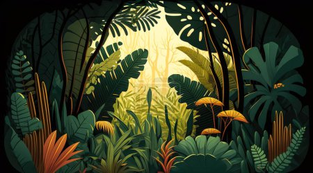 Dschungel-Blick, Banner im flachen Cartoon-Design. Landschaft mit grünen tropischen Bäumen, Pflanzen und Sträuchern. Wildtierpanorama mit Landschaft.