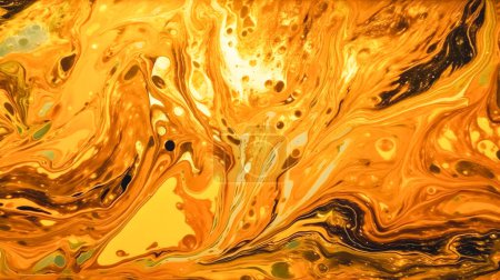 Abstract fluid art background yellow and copper colors. Acrylic painting on canvas with brown lines and gradient.