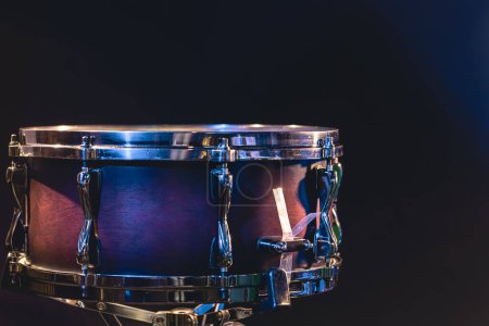 Photo for Beautiful snare drum on a black background with reflection, for advertising and inscription. - Royalty Free Image