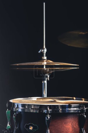 Photo for Snare drum and cymbals on a black background, percussion instrument close-up. - Royalty Free Image