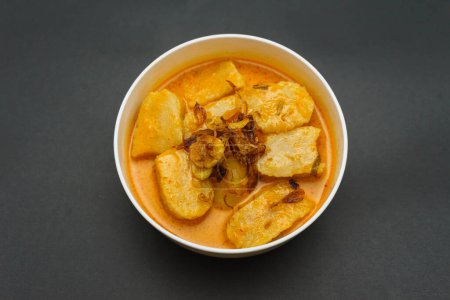 Laksan ist eine typische Palembang traditionelle Speise, die aus Sago und Fisch hergestellt wird. Laksan wird in einer ovalen Form mit Kokosmilchsoße zubereitet. Vereinzelt auf schwarzem Hintergrund.