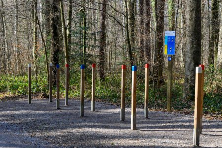Color-coded posts mark the path of an outdoor exercise trail in a lush forest setting.