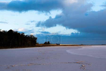 Pristine salt flats under a calm sky, bordered by distant trees and a quiet horizon.