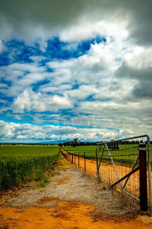 A farm gate opens to a vibrant rural landscape under a sky of sculpted clouds.