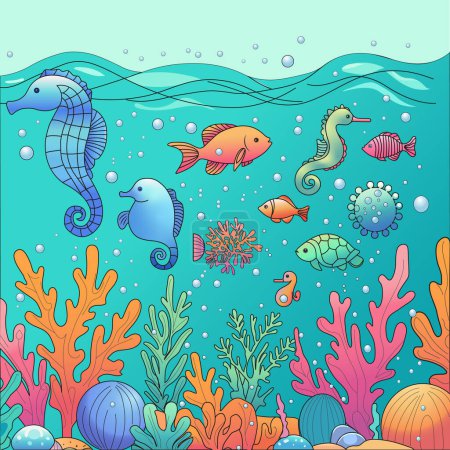 Sea horses, diverse fishes, and delicate sea plants adorn the mysterious underwater landscape. Ideal for educational materials or creative projects, it evokes the beauty and biodiversity of deep-sea environments in stunning detail