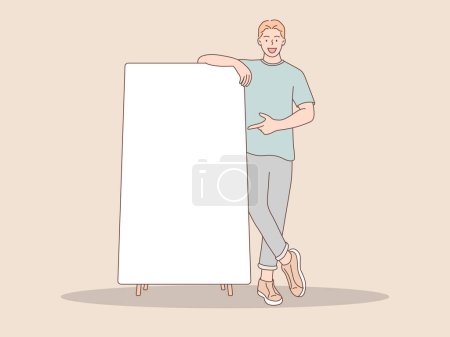 man with a plain banner, posing pointing and smiling, suitable for pastel style promotions