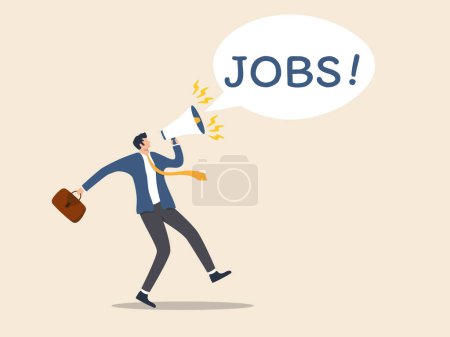 Illustration for Looking for a new job with loudspeaker, career or job search, looking for opportunities - Royalty Free Image