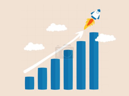The chart rising with a rocket reflects rapid growth and ambition towards the pinnacle of business success. This illustration signifies positive momentum and courage in facing challenges.