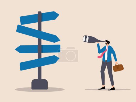Illustration featuring a directional arrow sign with a man in a suit observing through a telescope. This visual depicts careful observation and navigation in facing business directions and choices.