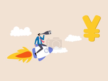 Illustration for A man rides a rocket, using binoculars to focus on the yen currency. This visual embodies the aspiration for financial success with careful observation of the financial market. - Royalty Free Image