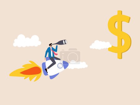 Un hombre monta un cohete, usando prismáticos para enfocarse en la moneda del dólar. Esta visión encarna la aspiración al éxito financiero con una cuidadosa observación del mercado financiero.