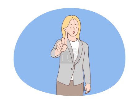 Woman says no and makes stop gesture. Hand drawn style vector design illustrations