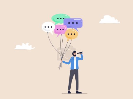 Un empresario visionario sostiene muchos globos de chat, haciendo hincapié en la importancia de la comunicación y la visión en el espíritu empresarial