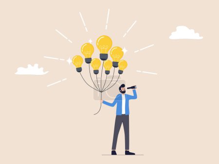 Innovative Ideen, Kreativität und Businessplan-Entwicklung, Vorschläge und Erfindungskonzepte. Ein visionärer Geschäftsmann hält einen Glühbirnenballon und Ferngläser in der Hand, die Inspiration und Weisheit symbolisieren.