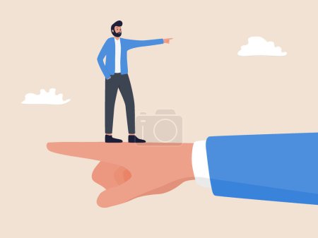 A businessman stands confidently on a giant hand, pointing in opposite directions. His pose symbolizes contrasting opinions or decisions in business.