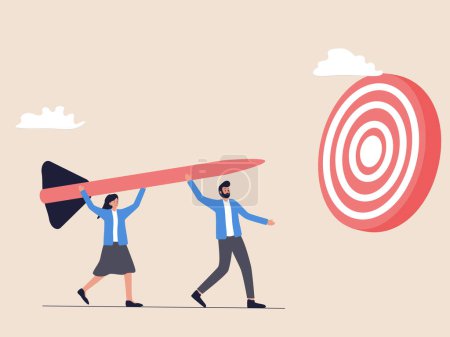 A man and woman are holding arrows, ready to aim and hit the target. This illustration symbolizes teamwork and corporate mission in achieving goals.