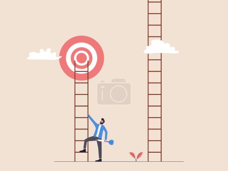 Un hombre de negocios sube una escalera hacia un objetivo de flecha. Enfrentado a dos escaleras, elige la alineada con el objetivo, simbolizando la toma de decisiones estratégicas y el enfoque orientado a las metas.