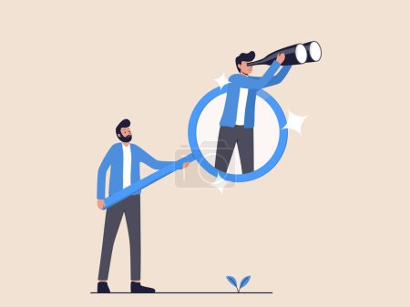 Illustration for A man holds a magnifying glass, reflecting another man observing through binoculars. Illustration of search and discovery for career opportunities and new ventures. - Royalty Free Image