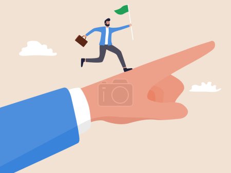 businessman runs atop a giant hand, which is pointing in the same direction, while holding a flag Illustration of leadership and guiding team members in business direction