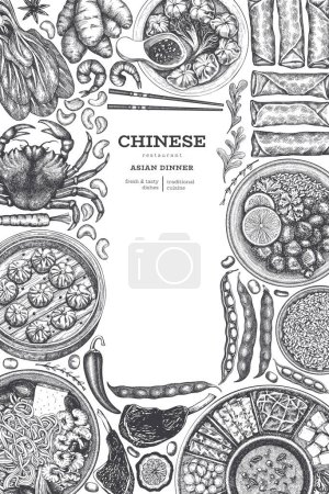 Téléchargez les illustrations : Modèle de design de cuisine chinoise. Bannière alimentaire asiatique dessinée à la main vectorielle. Illustration de Menu Style Vintage. - en licence libre de droit