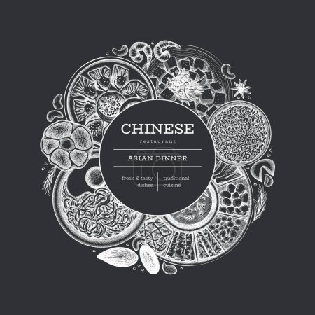 Plantilla de diseño de pizarra de cocina china. Banner de comida asiática dibujado a mano vectorial. Menú Estilo Vintage Ilustración de tiza.