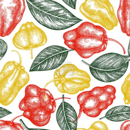Illustration for Hand drawn sketch style scotch bonnet pepper seamless pattern. Organic fresh vegetable vector illustration. Retro cayenne pepper background - Royalty Free Image
