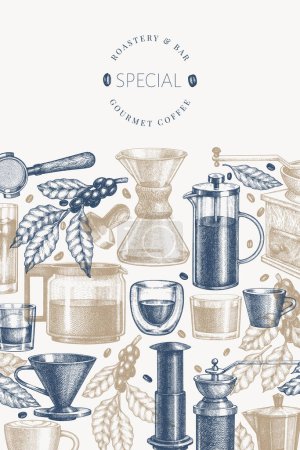 Alternative Kaffeemaschinen Illustration. Vector Hand Drawn Specialty Coffee Equipment Banner. Vintage Style Coffee Bar Design 