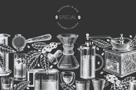 Alternative Kaffeemaschinen Kreidebrett Illustration. Vector Hand Drawn Specialty Coffee Equipment Banner. Vintage Style Coffee Bar Design 