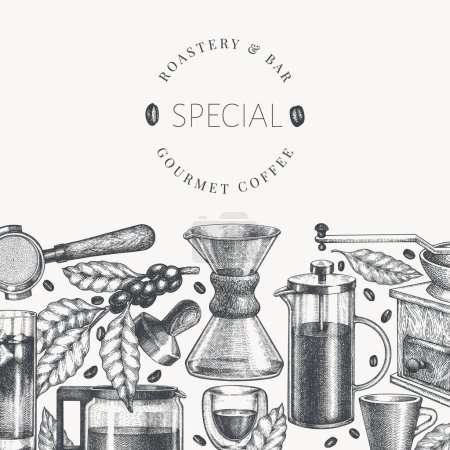 Alternative Kaffeemaschinen Illustration. Vector Hand Drawn Specialty Coffee Equipment Banner. Vintage Style Coffee Bar Design 