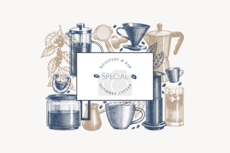 Machine à café alternative Illustration. Bannière d'équipement de café de spécialité dessinée à la main vectorielle. Style Vintage Café Bar Design 