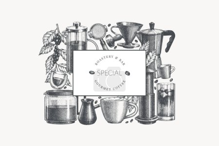 Machine à café alternative Illustration. Bannière d'équipement de café de spécialité dessinée à la main vectorielle. Style Vintage Café Bar Design 