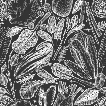 Grünes Gemüse nahtlose Muster. Vector Hand gezeichnet gesundes Blatt Salat Hintergrund. Vintage Style Menü Illustration auf Kreidetafel.