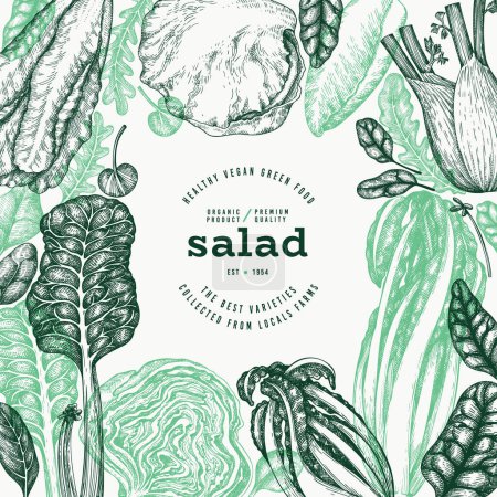 Plantilla de diseño vegetal verde. Banner de ensalada de hoja saludable dibujado a mano vectorial. Menú Estilo Vintage Ilustración.