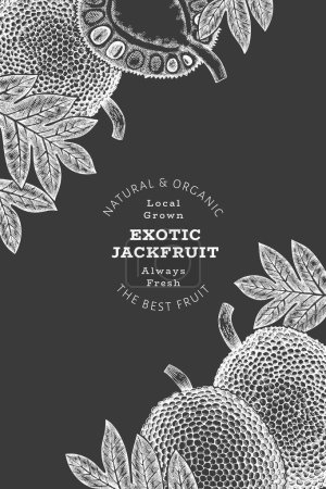 Hand drawn sketch style jackfruit banner. Organic fresh fruit vector illustration on chalk board. Retro breadfruit design template