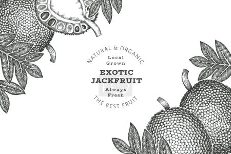 Hand drawn sketch style jackfruit banner. Organic fresh fruit vector illustration. Retro breadfruit design template