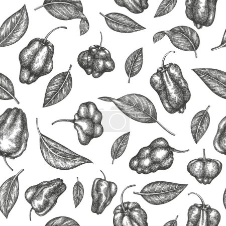 Illustration for Hand drawn sketch style scotch bonnet pepper seamless pattern. Organic fresh vegetable vector illustration. Retro cayenne pepper background - Royalty Free Image