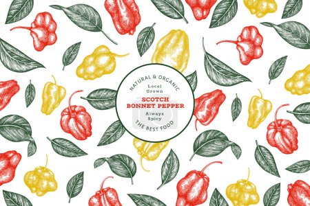 Handgezeichnete Skizze Stil Scotch Motorhaube Pfeffer Banner. Illustration des organischen Vektors für frisches Gemüse. Retro-Cayenne-Pfeffer-Design-Vorlage