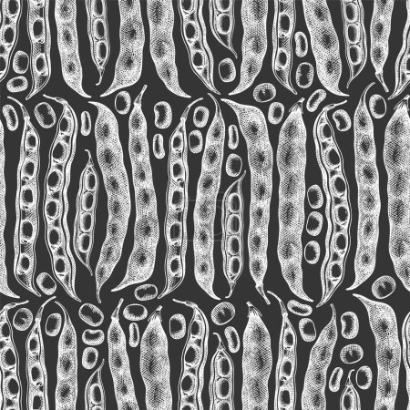 Handgezeichnete dicke Bohnen nahtloses Muster. Bio-Vektorgrafik für frische Lebensmittel auf Kreidetafel. Retro-Hülsen Illustration. Getreide im botanischen Stil eingraviert.