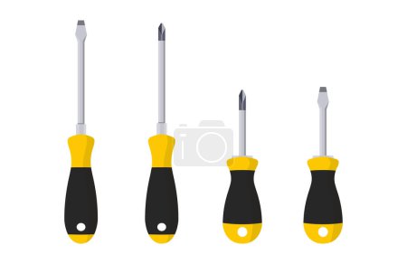 Screwdrivers set, Phillips screwdriver, Flat screwdrivers, Long and Short screwdrivers vector illustration