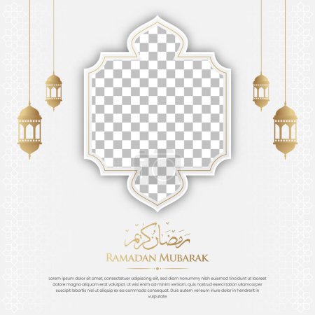 Tarjeta de felicitación de lujo islámica social media post con linternas árabes y un marco de fotos