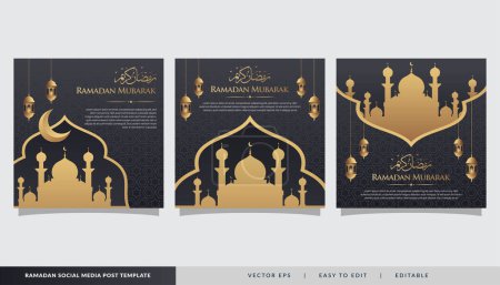 Conjunto de plantillas de post de redes sociales sobre fondo de lujo oscuro y dorado. Perfecto para webinars islámicos, estudios del Corán, educación musulmana, eventos religiosos y otros seminarios en línea