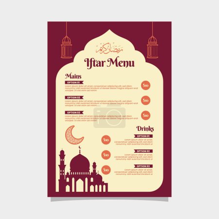 Islamic Iftar Menu Design Vector with red background and mosque illustration