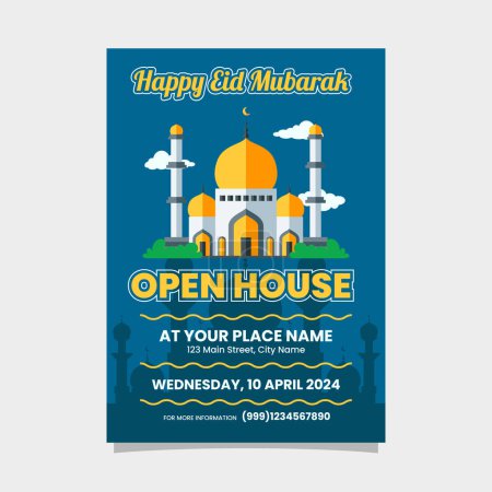 Eid Mubarak Flyer, Poster for Open House with mosque illustration design template